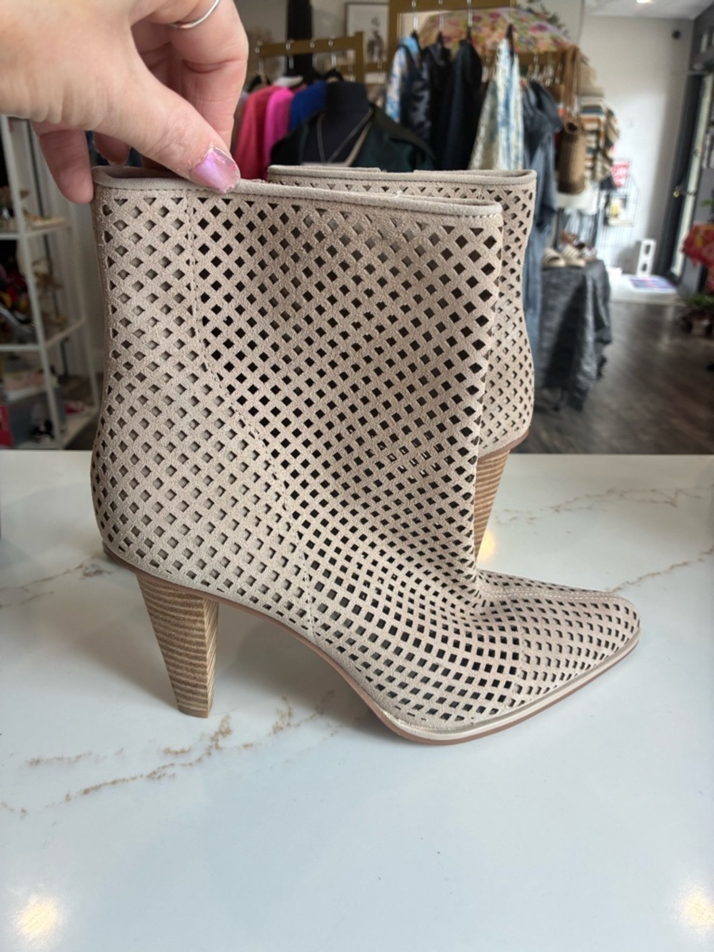 Vince Camuto perforated Taupe Women’s High Heel Ankle Boot 9.5